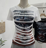 Vintage Rock Gothic 2025 Summer Dress Hole Design Feel Short-Sleeved Printed T-Shirt 26961