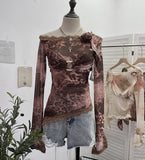 Real Shooting Lace Splicing Oblique Shoulder Thin Tie-Dye Mesh T-Shirt Girl T-Shirt T-Shirt Shawl T-Shirt 9986
