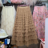 New French Long Dress Female Autumn Temperament Elegant Solid High-Waisted Mesh Cake Skirt Unkempt Skirt