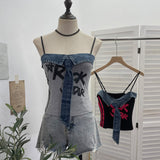 Real Shooting Denim Spliced Print Tie Sling Sling Waist Wearing Hot Girl Bra Short Sleeveless Top Lady 8930