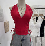 Deep V Hanging Neck With Chest Pad Sling On Both Sides Of The Strapped Open Fork-Lo-Back Zipper Short Babes Top 6310