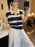 Collider Striped Polo Shirt Over Small Flying Sleeve Knitted T-Shirt Women's Summer Design Sense Age-Supling Embroidery Loose Top