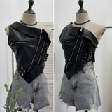 Slap Song Suit Hottie Buckle Irregular Zipper Slanted Shoulder Pu Coat Short Leather Vest Woman 2779