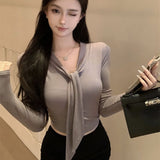 2026 Korean Version Of Simple To Wear Pure Temperament Tight Short V Tie With Long-Sleeved T-Shirt Slimming Top