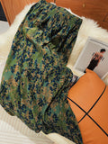 Small Design Folded Skirt Women's Summer High Waist Long Retro Print Thin Green Broken Flower Bag Fork Skirt
