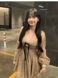 French High-End Feeling Bow V-Neck Lantern Long-Sleeved Dress Women's Summer Retro Waist Showing Thin Short Skirt