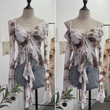 Irregular Kinking Of The Net Yarn Irregularly Kinked Lotus Lobe Slings Shoulder Horn Sleeve T-Shirt Short Top 2618