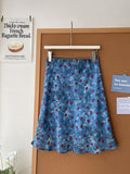 Korean Retro Blue Floral Net Yarn In The Word Skirt Women's Summer French Seaside Holiday Bag Fish Tail Half-Body Dress