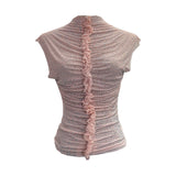 Drilling Sleeveless Vest Wearing Half-High Neck Net Yarn Slime Folded T-Shirt Blouse Female 2589