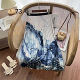2025 New High-Rise Half-Dress Woman Tight Waist Ink Print Design Sense A-Character Skirt In The Long Folded Skirt