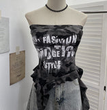 Real Shooting Hottie Camouflage Letter Print Chest Vest With Chest Pad Irregular Ribbon Short Top 8088