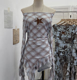 Vintage One-Word Shoulder Long-Sleeved T-Shirt Babes Net Embroidery Irregular Ribbon Dress 12901