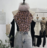 Real Shooting Leopard-Print Hair Hanging Neck High Shoulder Long-Sleeved T-Shirt Female Spliced Retro Hottie Short Top 2812-1