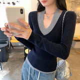 Unique Fake Two-Piece Hanging Neck Long-Sleeved Knitted Bottom Shirt Women Autumn 2025 New High-End Sesame V-Neck Top