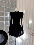Hepburn Small Black Dress Half-High Collar Long-Sleeved Dress 2025 New Waist-On-Coat Dress Women's Black Fluffy Skirt