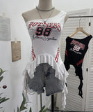 Real Shooting Retro Jersey Vest Letter Print Oblique Shoulder Hottie Wearing Lotus Edge Ribbon Ribbon Short Top 1279