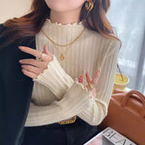 Half-High Collar Thin Knitted Jersey Women's Spring And Autumn New Blouse Fashion With A Foreign Air Wood Ear Sweater Bottom Shirt