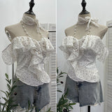 With Chest Pad A Word Shoulder Wave Point Shirt Woman Xia Repair Lotus Leaf Side Short Shirt Repair Body 6162