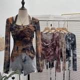 Single Special To The Net Yarn Design Sense Hanging Neck Top Cross Folded Repair Short T-Shirt 1178