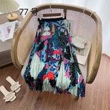 2025 New High-Rise Half-Dress Woman Tight Waist Ink Print Design Sense A-Character Skirt In The Long Folded Skirt