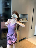 Sexy Fake Two Splicing Lace Sling Vest Women Summer Babes Set Purple Leopard Half-Dress Two Sets