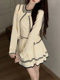 Small Fragrant Knitted Suit Long Sleeve Open Shirt Coat With Vest Top Dress Women Autumn Half Dress Three-Piece Set