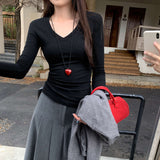 V-Necked Bottom-Up Women's 2025 New Popular Explosion Long-Sleeved T-Shirt High-End Small-Sized Top