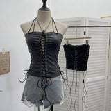 Punk Babes Hollow Strapped Braped Pu Skin Top Female Tight Sexy Short Hanging Neck Vest 2765