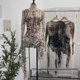 Real Shooting Babes Long Sleeves And Jersey Net Yarn Dye Printing Irregular Lotus Leaf Edge Ribbon Folding Top 9998