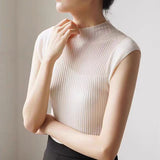 French Translucent Black Knitwear Short-Sleeved Knitted Shirt Female Senior Sleeveless Ice Blouse Thin