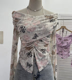 Real Shot Shoulder Strap Hanging Neck Pure Lust Wind Long-Sleeved T-Shirt Repair Cross-Folded Open Fork Short Top 9932