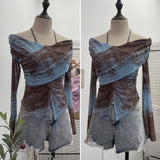 Real Shot Shoulder Strap Hanging Neck Pure Lust Wind Long-Sleeved T-Shirt Repair Cross-Folded Open Fork Short Top 9932