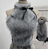 Real-Shot Bow Decorative Hair Splicing Elastic Hanging Neck Vest Outside Wearing Hairy Short Grinding Coat 2791