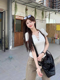 Large-Size Strapped V-Necked Shoulder Short-Sleeved T-Shirt For Women's Summer Sweet Spicy Breeze Slim Slim Slim Design Short-Sized Top