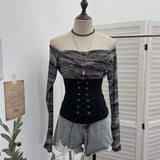 The Real Shot Of The Hottie Shoulder Mesh Hot Diamond To Receive The Belt Strap Horn Long Sleeve Top Short T-Shirt 2760