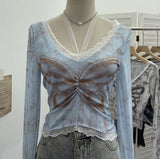 Solid Shot Micro-Permeable Mesh Butterfly Print Splicing Lace Hanging Neck Horn Long-Sleeved T-Shirt Repair Short Top 1286