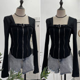 Real Shooting Square Zipper Open Shirt Design T-Shirt Bottoming Shirt Girl Body Short Hot Girl Hair Coat 2679