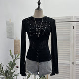 Punk Vintage Hottie Long-Sleeved T-Shirt Girl Autumn Lace Rivet Design Sense Thin Top 1358