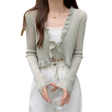 2025 Summer New Korean Version Of Sweet Lace Strap Design Sunscreen Knit Long-Sleeved Cardigan Women's Top
