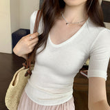 Mint Green Knitted Top Women's Summer 2025 New Thin U-Neck Fashion Fashion Slim Slim Slim Short-Sleeved T-Shirt