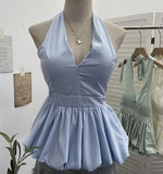 French Retro Hanging Neck Tie With Bare Back Sling Skirt Folded Short Sleeveless Top Woman 9225