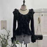 Real Shooting Waste Soil Wind Irregular Wood Ear Trumin Knitting To Make Old Hole Splicing Hairy Blouse Hottie Cardigan 2987
