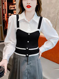 Fake Two Knitted Vest Sling Splicing Bubble Sleeves Simple Atmospheric French Design Sense Sweet Blouse Woman