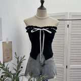Real Shot With Chest Pad Lotus Leaf Edge With Bow Tector-Bossed Waist-Opened Hottie Sleeveless Top 9332