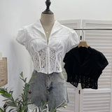Real Shooting Short-Scuffed Lace Fish Bone Shirt For Girls Summer Babes Short-Sleeved Collared V-Neck Blouse 23715