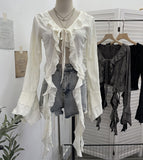 The Wasteland Wind Irregularly Drifted With Lotus Leaf Edge Strap With Hole Open Shirt Short Long Sleeves 9256
