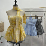 Real Shooting A Variety Of Wearing Striped With Bows Hanging Neck Bra Vest With Chest Cushion Lattice Sleeveless Short Top 9227