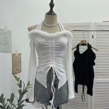 Real Shooting Hottie Hanging Neck A Word Shoulder Hair Spliced Long-Sleeved T-Shirt Draw Tie With Short Bottom Shirt 88882