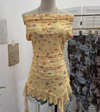 Real Shooting Holiday Wind Shoulder Folding Net Grums Flower Top Design Feeling Drift With Unique T-Shirt 1203