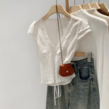 French Romantic Style V-Neck Short-Sleeved T-Shirt For Women's Spring New Lace Tie With Slim Top